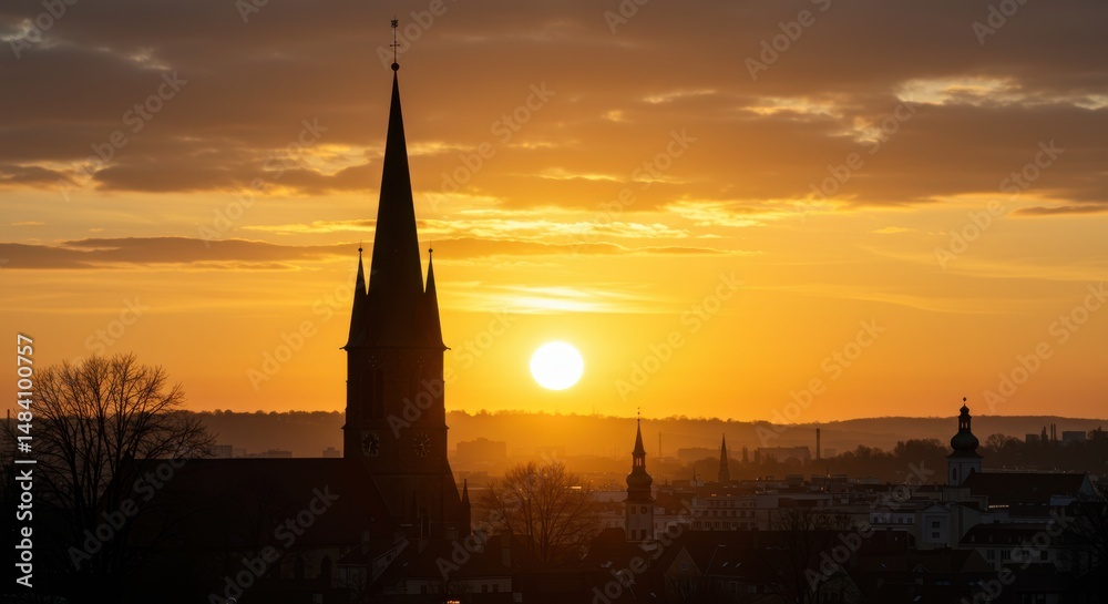 Obraz premium Church silhouette at sunset reflecting hope and faith, featuring golden sky and tower