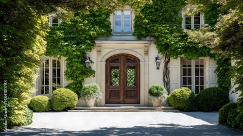 Elegant mansion entrance with grand architectural doorway framed by lush greenery under clear blue sky, showcasing luxury estate exterior, symmetrical composition, and upscale residential design photo