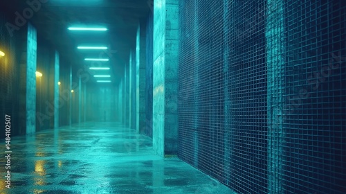 Wet Concrete Corridor With Neon Lights And Wire Mesh Walls
