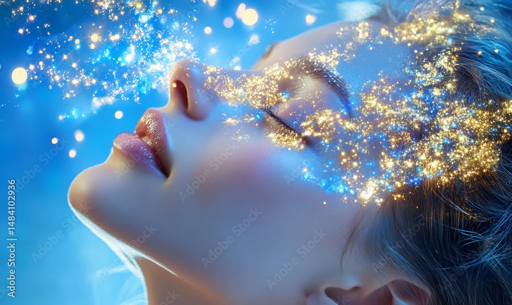 Fototapeta premium Woman's face bathed in ethereal light and glitter, eyes closed, dreamy expression