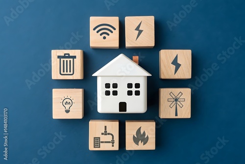 Home and utilities concept. Home maintenance and service. Pay bills online. Water supply, electricity supply, gasification, internet, heating, garbage removal. Home infrastructure.
