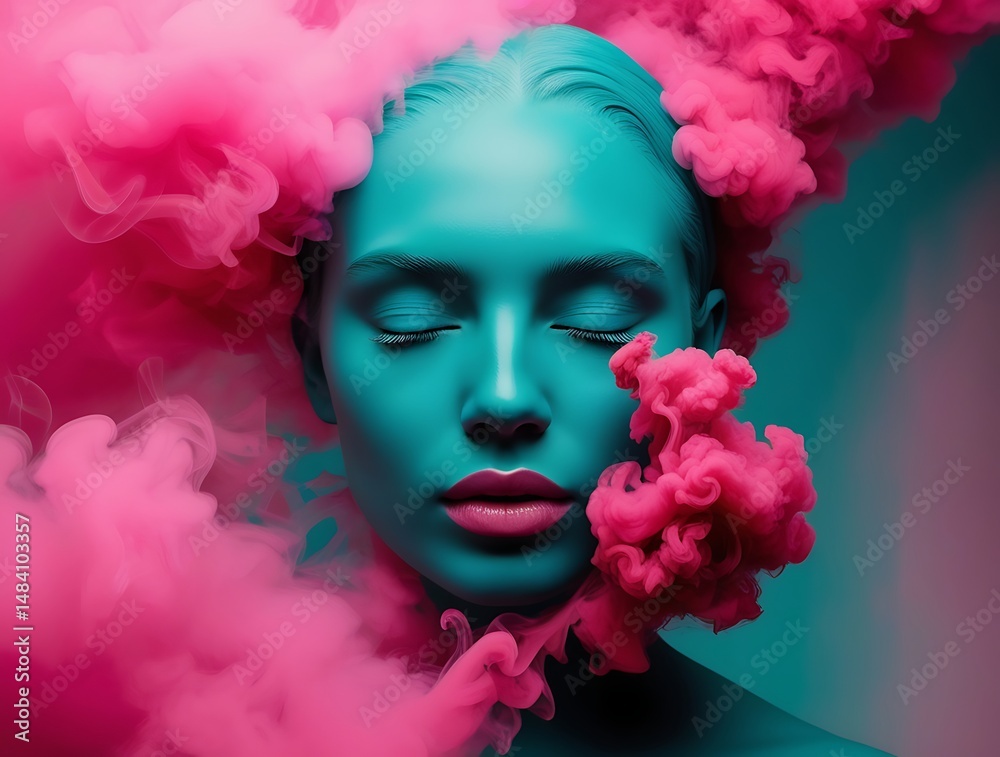 Fototapeta premium Conceptual image of a female face painted in cyan with expressive pink smoke swirls, symbolizing beauty, imagination, art, and emotional expression