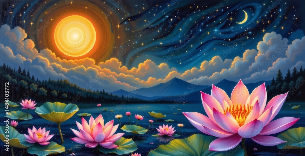 Obraz premium an oil painting of a serene vesak day night, with lotus flowers and a glowing grain texture sky.