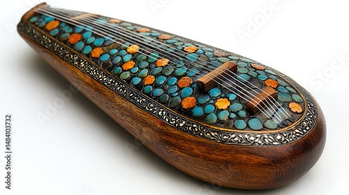 Ornate Wooden Stringed Instrument Decorated With Stones