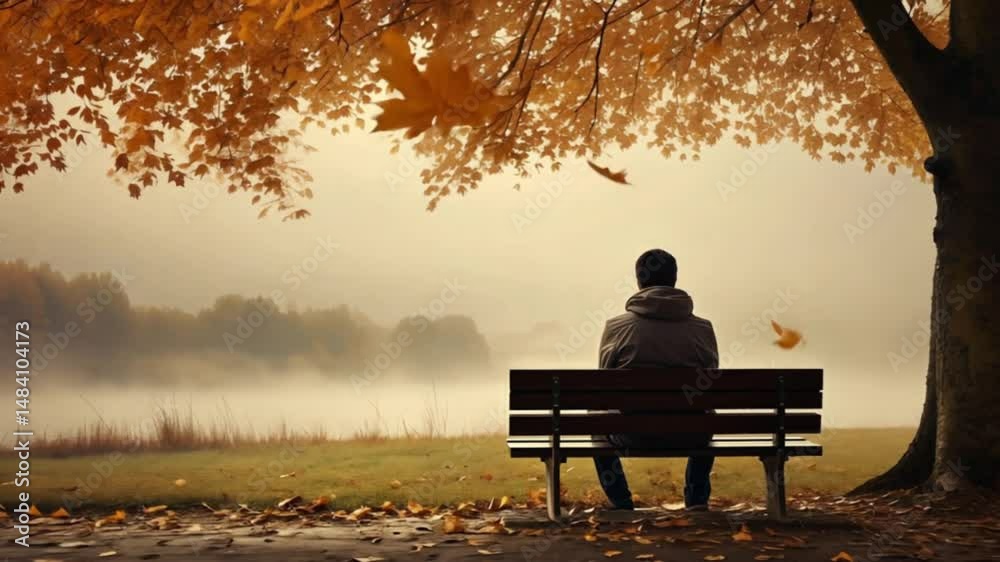 Serene autumn landscape with a lone person sitting on a bench, surrounded by golden leaves. Serene autumn landscape with a lone person sitting on a bench, surrounded by golden leaves.