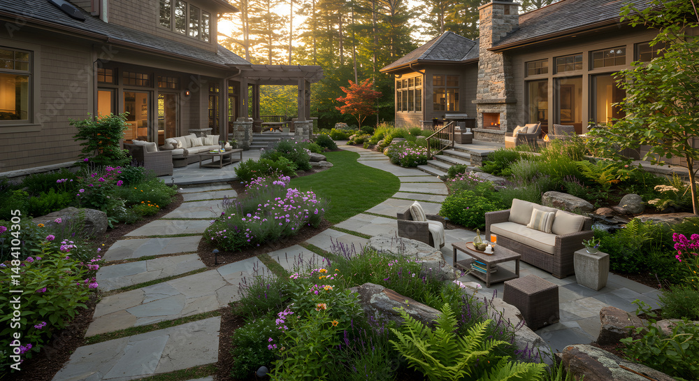 Fototapeta premium Inviting Outdoor Living Space With Manicured Gardens and Stone Pathway at Twilight