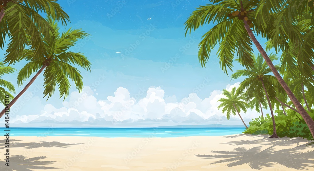 Fototapeta premium Palm-Framed Tropical Beach: Serene Summer Seascape