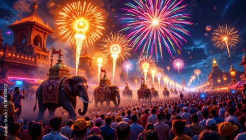 a digital art scene of thrissur pooram, with elephants, fireworks, and a vibrant grain texture overlay.