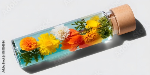 A vibrant infusion of colorful flowers in a glass bottle filled with water, showcasing a beautiful and refreshing natural aesthetic. Perfect for wellness and relaxation themes.