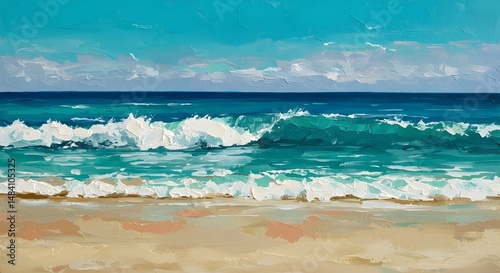 Ocean Waves Crashing on Sandy Beach: A Textured Impasto Painting