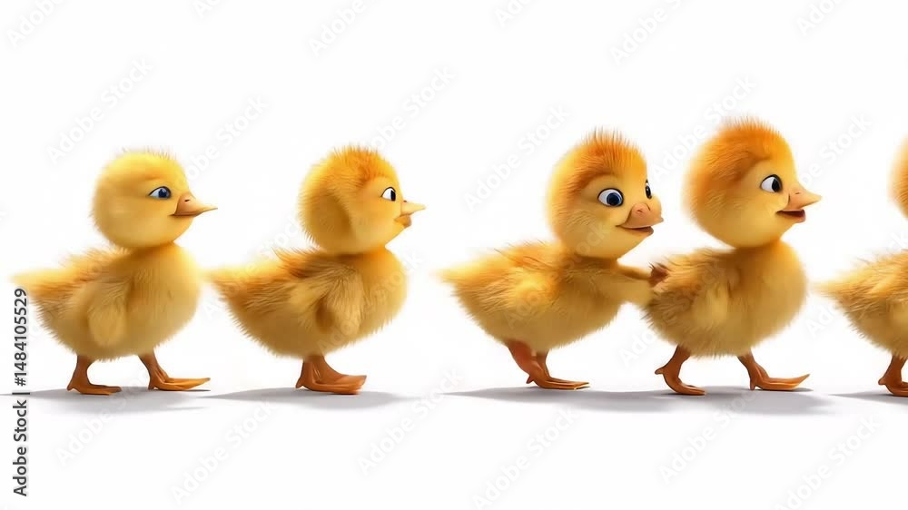 Stylized ducklings walk in a row with joyful movement.