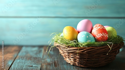 Colorful Easter eggs nestle in a rustic wicker basket. photo