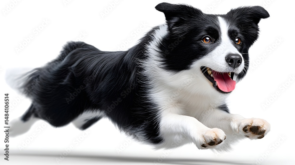 Fototapeta premium A lively black and white dog leaping joyfully. This energetic canine captures the essence of playfulness and companionship, showcasing its athleticism and vibrant spirit.