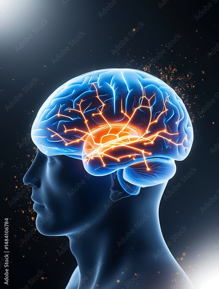 Obraz premium Glowing digital rendering of a human brain with neural connections lit up in a high-tech blue background, symbolizing intelligence, AI, and cognitive computing power