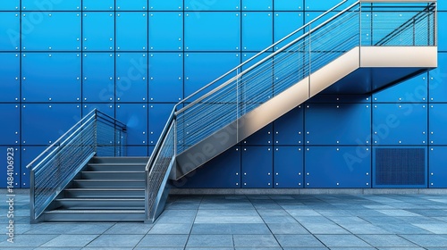 Modern metallic staircase against a blue wall