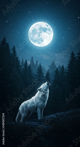 Arctic Wolf's Moonlit Howl: Night Forest Serenity