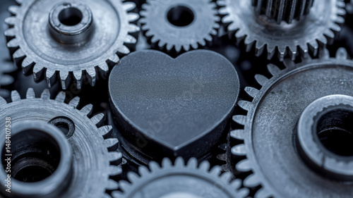 A macro photograph of mechanical gears and a heart-shaped metal component in black and white photo