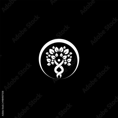 Minimalist tree of life logo icon in a circle, isolated on black background