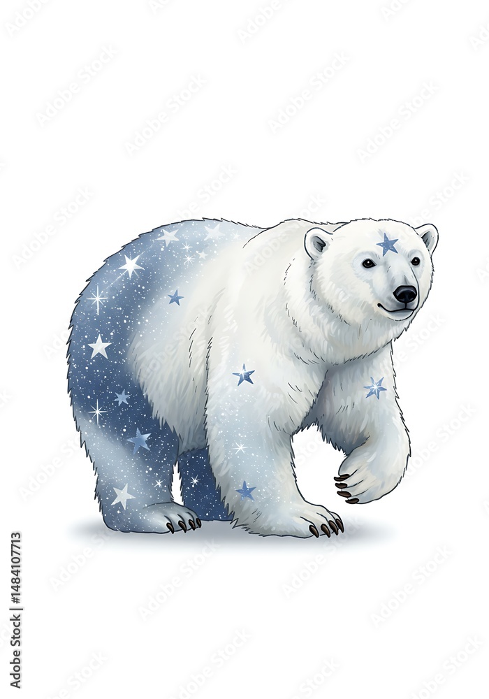 Fototapeta premium Celestial Polar Bear: Whimsical Blue & White Illustration