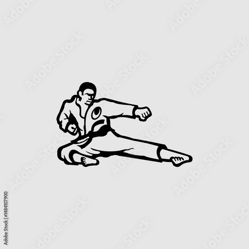 Dynamic monochrome illustration of a martial artist performing a flying kick