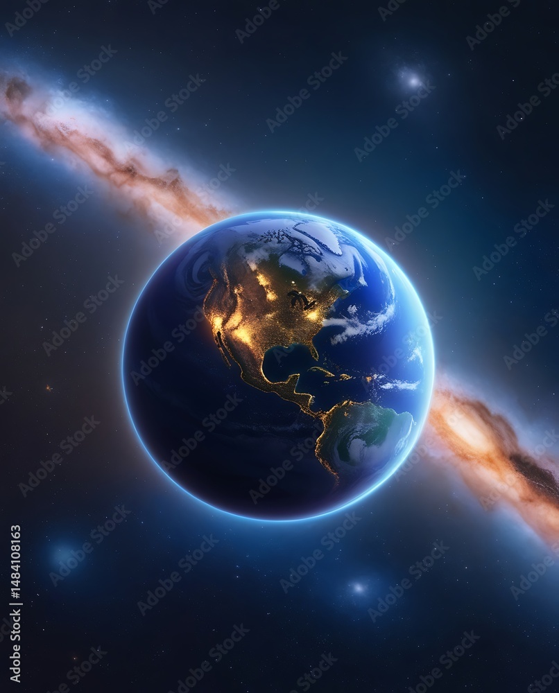 Fototapeta premium Glowing view of planet Earth floating in outer space with detailed continents, illuminated city lights, and a vibrant galaxy in the background showcasing cosmic beauty and science fiction 