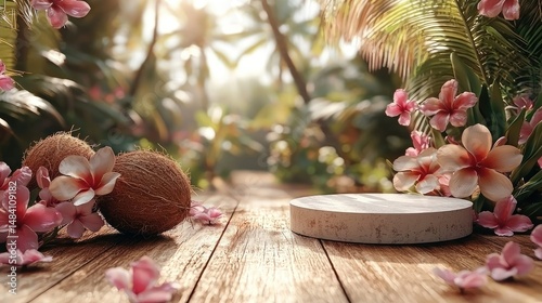 Tropical Paradise Display With Coconuts And Flowers