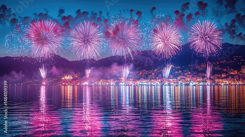 Nighttime Fireworks Display Over City Waterfront