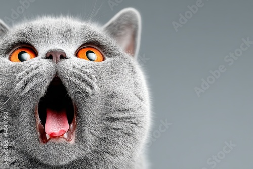 Amazed Gray Cat Close up  Pet Portrait  Studio Shot  Surprise  Fluffy Fur  Big Eyes  Open