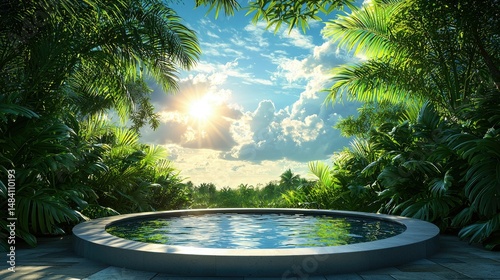 Tranquil Round Pool Surrounded by Lush Tropical Foliage