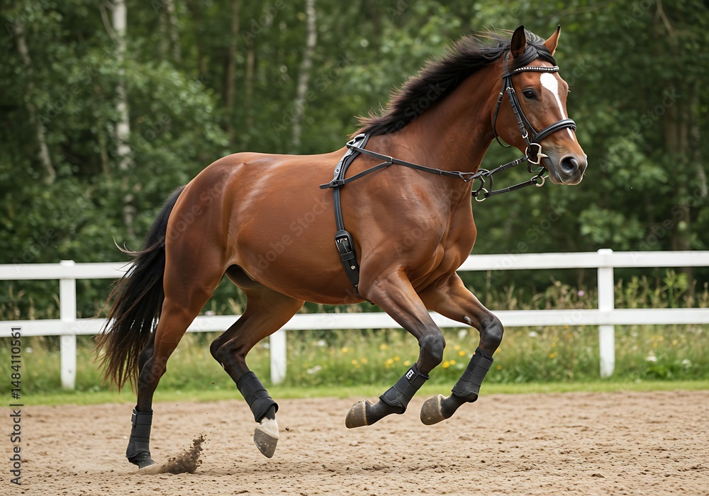 Obraz premium Chestnut Horse in Motion: Graceful Canter, Summer Pasture