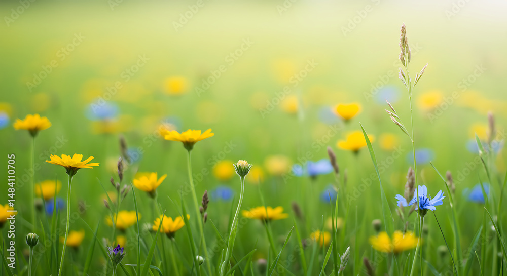 Fototapeta premium Sunny Meadow Wildflowers: Yellow and Blue Blooms