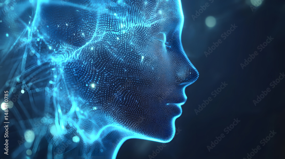 Fototapeta premium Futuristic AI Technology: Digital Human Face in Blue Light Network, Innovation in Artificial Intelligence