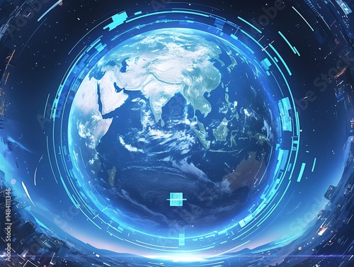 Futuristic Earth globe with digital interface.