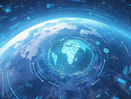Futuristic digital globe with data streams and connections.