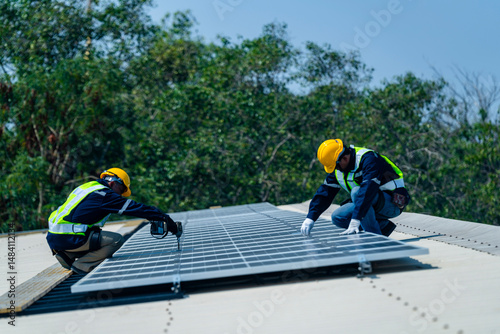 Wallpaper Mural team of professionals installs solar panels, ensuring energy efficiency and sustainable development. The image represents green energy, eco-conscious solutions, and future solar power technology. Torontodigital.ca