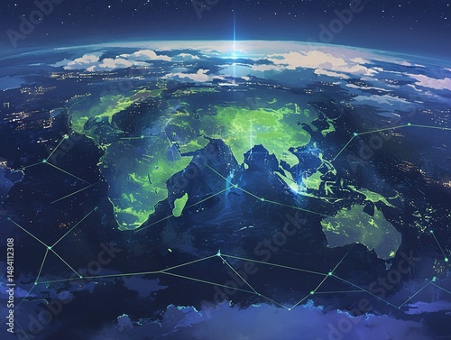 Global network connection, illuminated Earth at night.