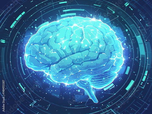 Glowing human brain, digital technology concept.