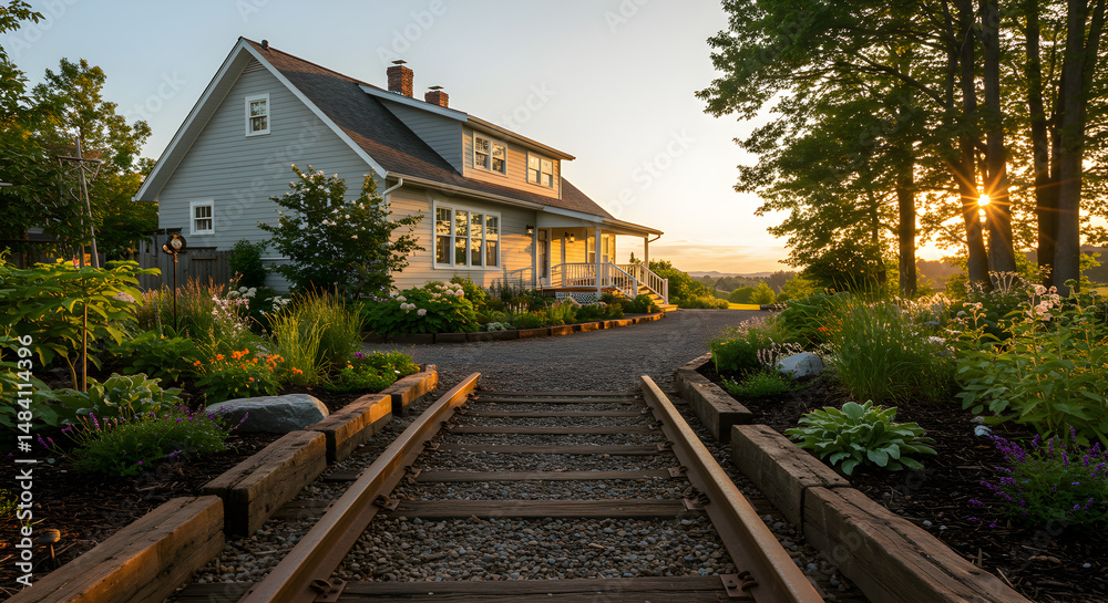 Idyllic Countryside Residence with Lush Garden and Warm Sunset Glow Idyllic Countryside Residence with Lush Garden and Warm Sunset Glow