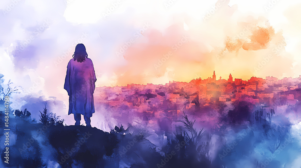 Obraz premium jesus standing hill overlooking jerusalem