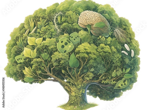 Lush green tree with a human brain among leaves.