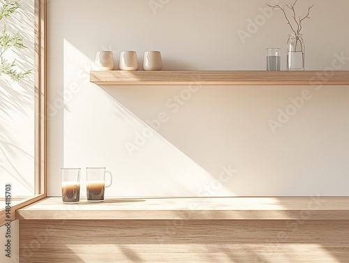 Minimalist kitchen interior with sunlight, wooden shelf, and coffee cups.