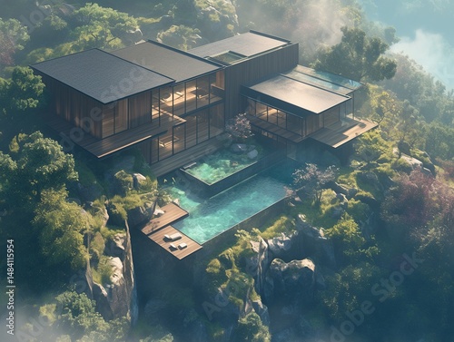 Modern luxury house on a mountainside with infinity pools and lush greenery.