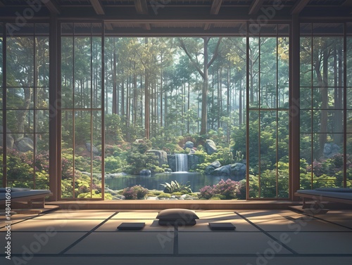Serene Japanese garden view from minimalist room.