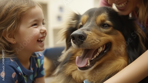 A child laughing while petting a therapy dog during a session --ar 16:9 --v 6.1 Job ID: 006fe8c0-708a-413a-9c15-14af992cb045