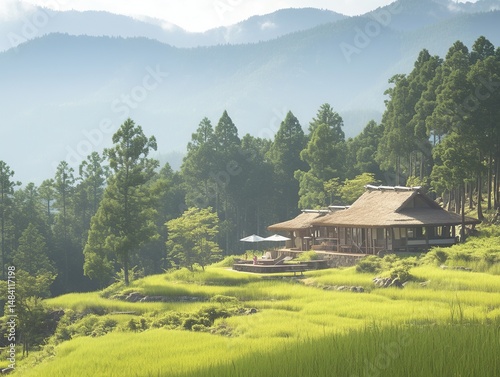 Serene mountain house nestled in lush green rice terraces.