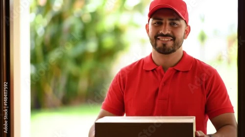 Man in red polo shirt and cap stands near door with greenery in background