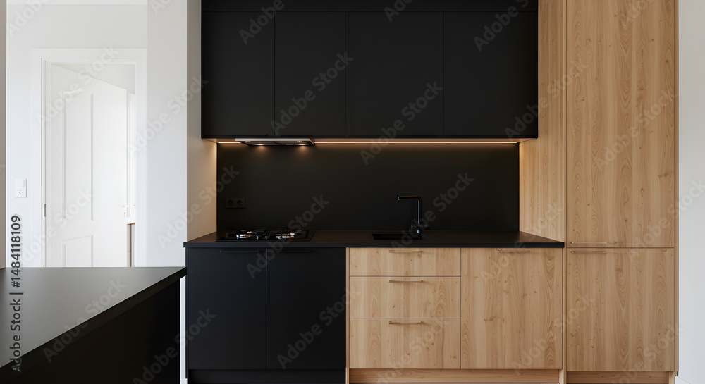 Fototapeta premium Modern Kitchen Design with Black and Natural Wood Cabinets Interior