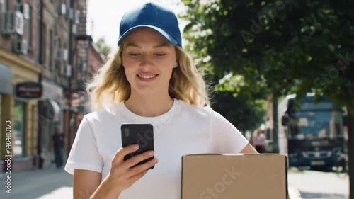 Woman in blue cap holding phone and package walking on city street smiling