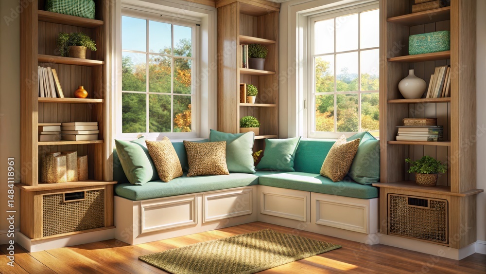 Fototapeta premium Cozy reading nook with sunlit window seat and built-in storage shelves lined with woven baskets and teak wood accents, teal cushions, woven baskets