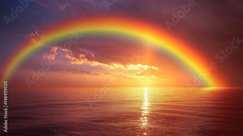 Majestic Rainbow over Serene Ocean at Sunset